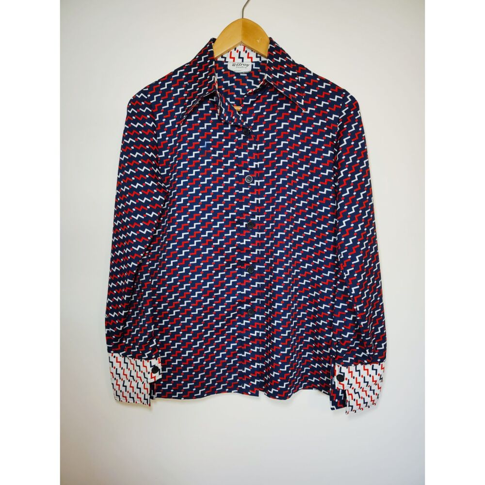 Vintage 70s Wilroy Traveller Mod Geometric Dagger Collar Blouse Disco Maximalist